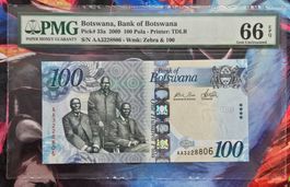 Botswana 100 Pula 2009 Banknote SN:AA3228806 # 33a PMG66