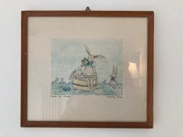 ORIGINALE TUSCHZEICHNUNG "Hase unter die Dusche" 25.5 x 22.5