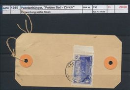 1919 Paketanhänger, "Peiden Bad - Zürich"
