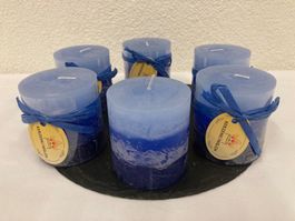 Kerzen 6,8 x 7,2 cm, 6 Stück, Blau abgestuft, Raureif