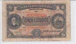 Alte 5 Escudos Banknote Mocambique, Jahrgang 1941, Top!