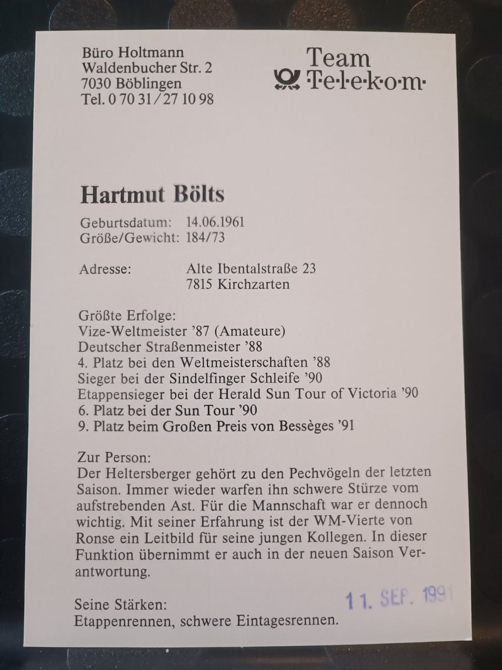 Autogramme: Hartmut Bölts - Radsport - Handsigniert – Gebraucht aus Menziken von Artographs 1