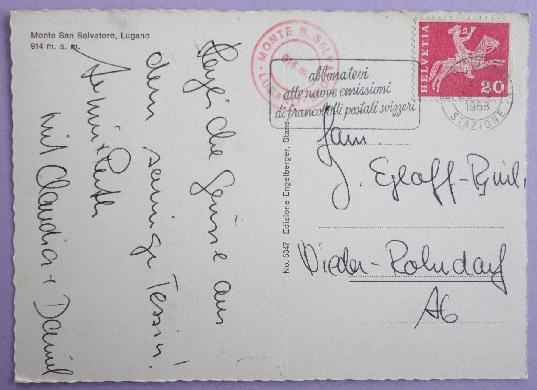 Ansichtskarten: Monte San Salvatore, Lugano, 914 m s.m. – Gebraucht aus Fétigny von  1