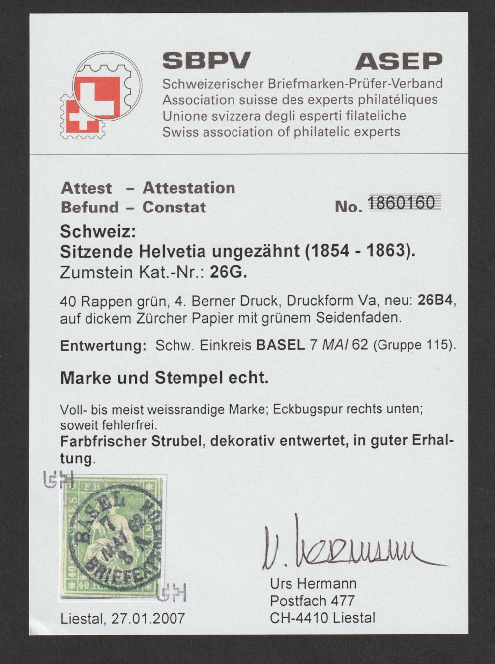 Alle Briefmarken: Strubel 26 G gestempelt / Befund – Gebraucht aus Siebnen von Fstaehli 2