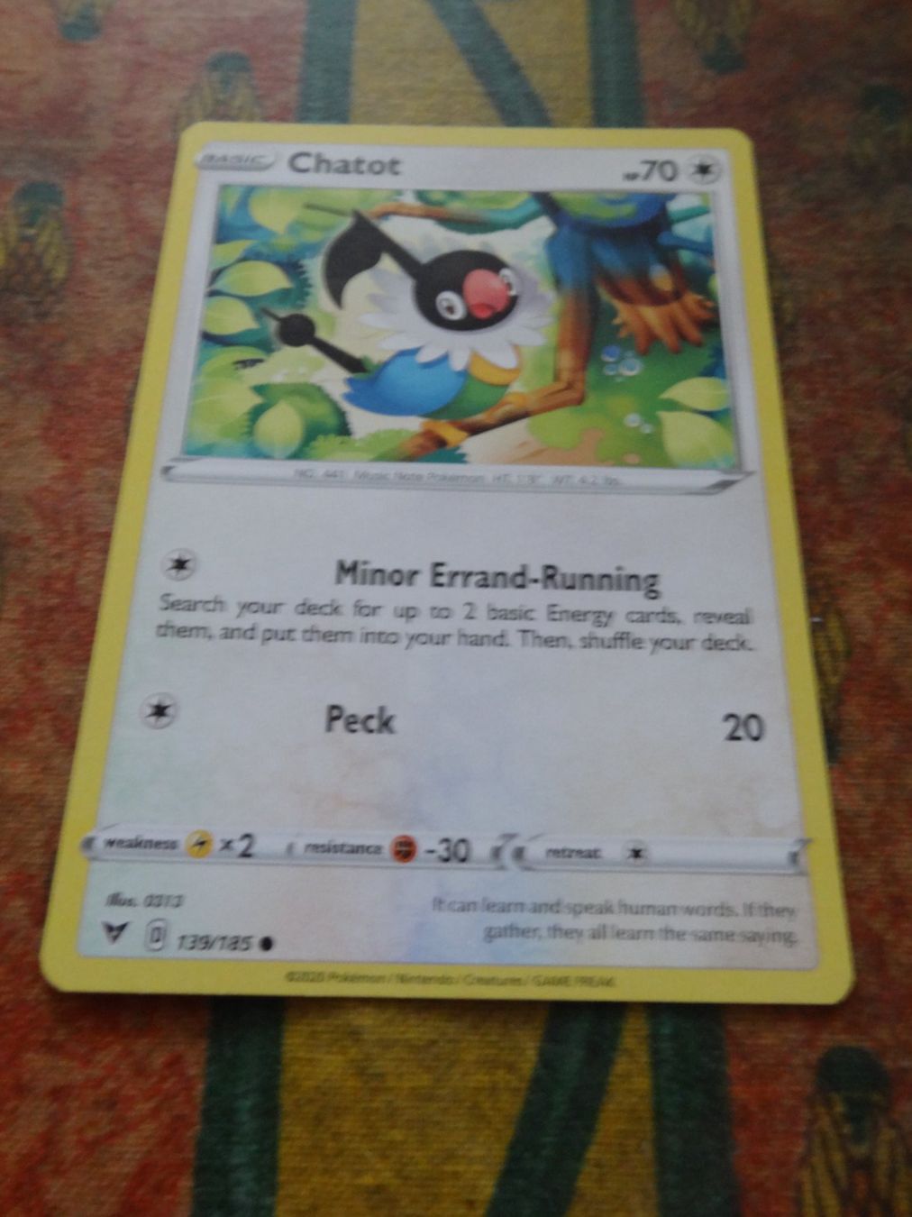 Pokémon Carte collezionabili: POKEMON  Chatot   D  139/185   KP70   2020 – Usato da Romanel-sur-Lausanne venduto da Swift13