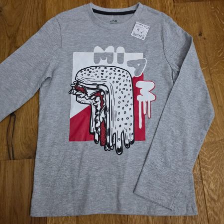 Langarmshirt Kiabi grau mit Burger-Motiv Grösse 140 Neu