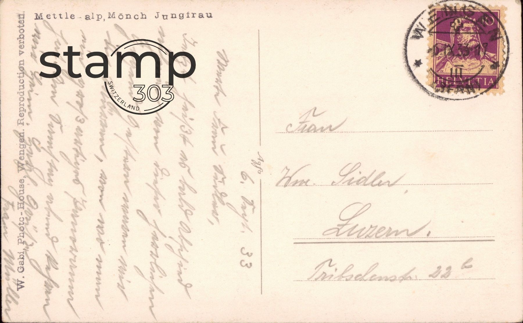 Ansichtskarten: 1933 AK Mettle Alp, Mönch u. Jungfrau – Gebraucht aus Eggersriet von stamp303 1