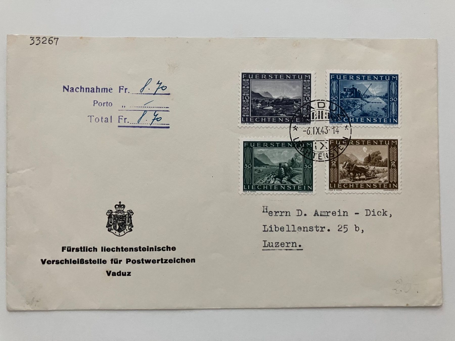 Alle Briefmarken: Liechtenstein 1943, Kat. 182-85, FDC, KP 120.-- – Gebraucht aus Würenlos von Eulenpostuhu