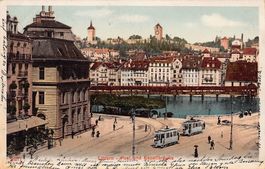 Luzern, Post und Kapellbrücke, Trams, gelaufen 1905