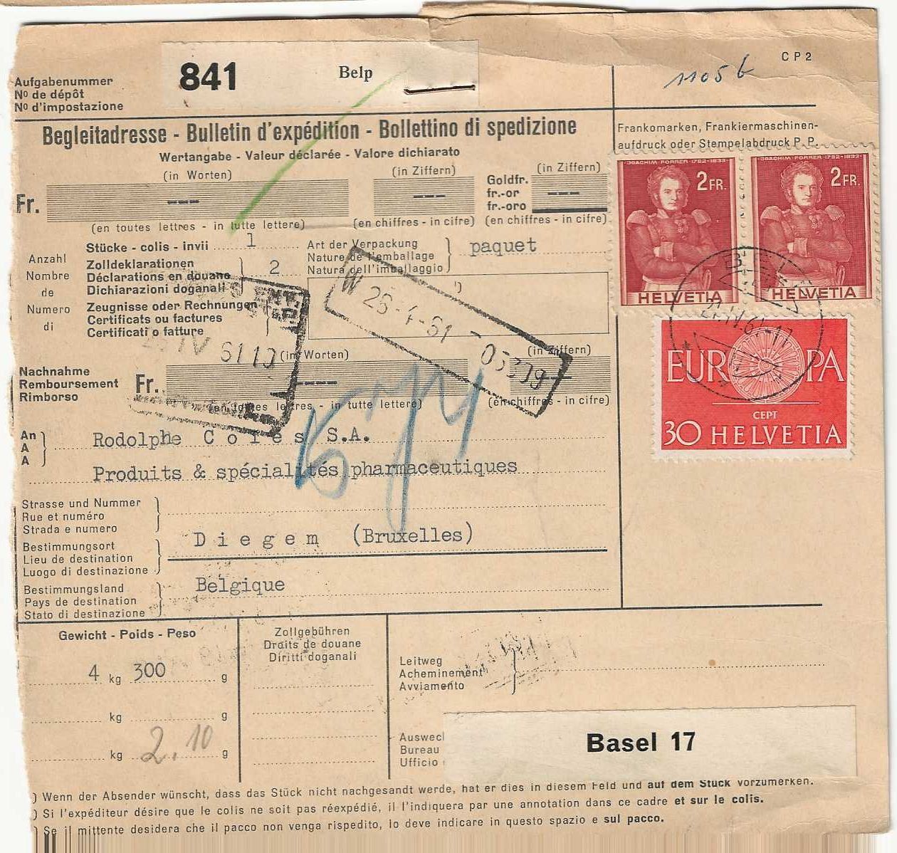 Tutti i francobolli: Begleitadresse, 1961, Belp über Basel 17 – Usato da Basel venduto da Bingis