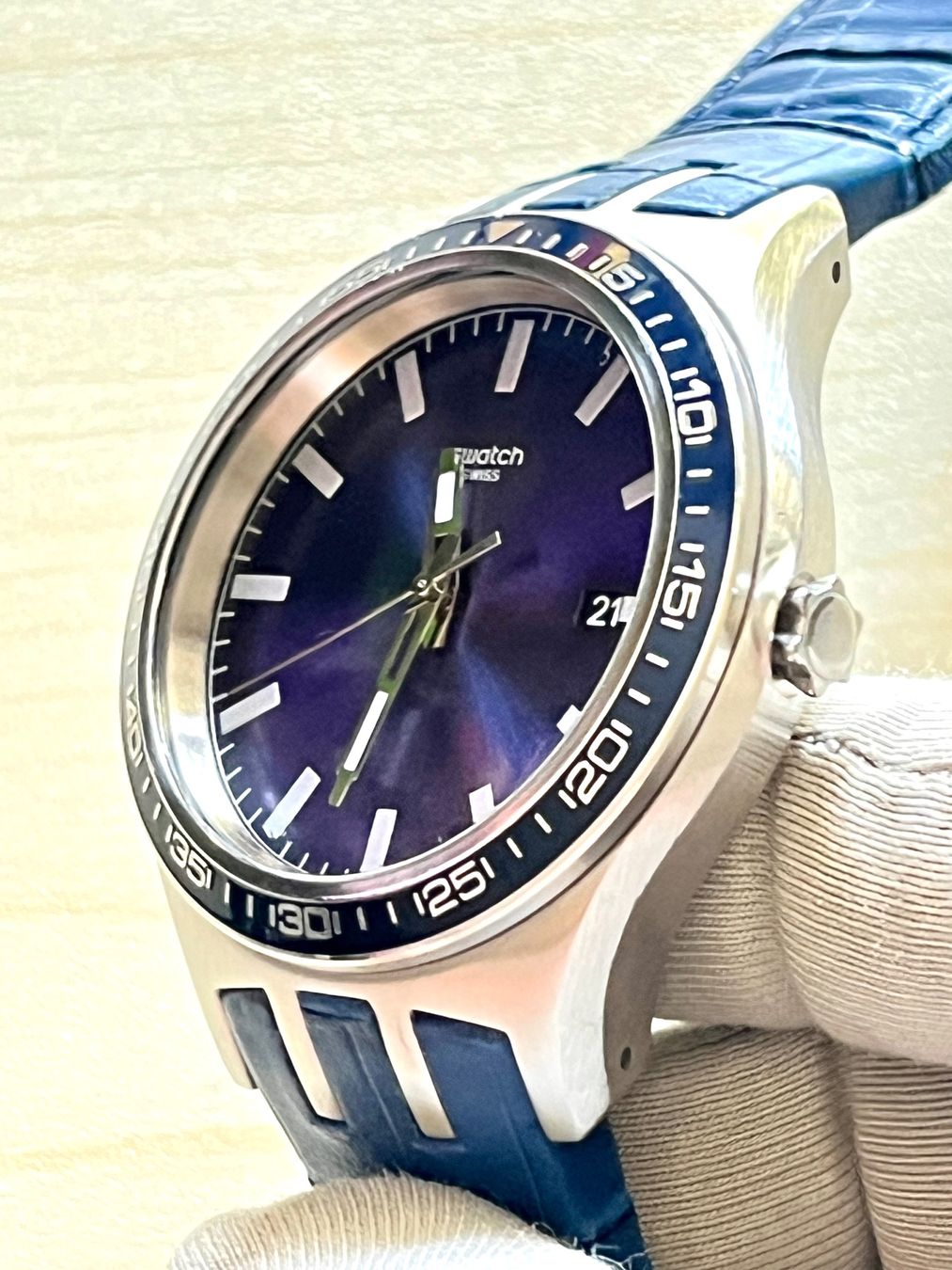Swatch Orologi: Swatch Uhr Herren blau Leder – Usato da Grenchen venduto da chththl 8
