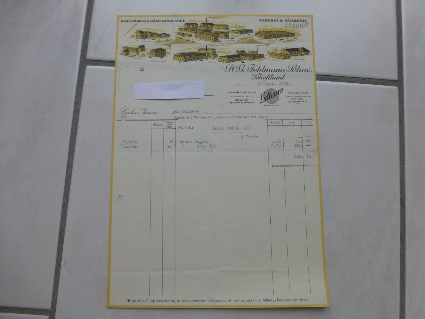 Documenti: Schöftland, Fehlmann Söhne Weberei, 1939 – Usato da Bettlach venduto da 1saurer