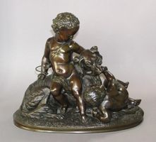 BRONZE SKULPTUR ST. JOLY SPIELENDE PUTTEN MIT HUND