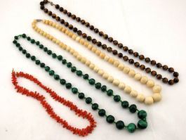 4 collier malachite oeil de tigre corail os Vier Halskette