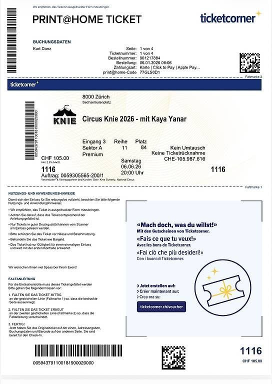 Tickets: Ticket Zirkus Knie mit Kaya Yanar – Gebraucht aus Oensingen von Chuet
