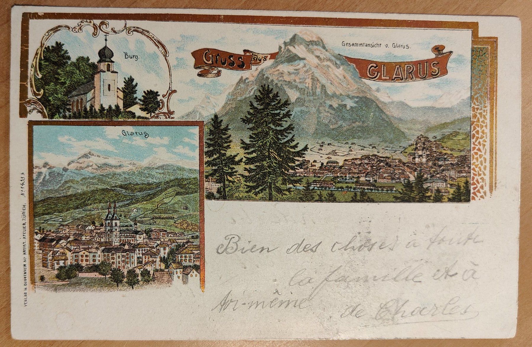 Ansichtskarten: Litho Gruss aus Glarus um 1900 – Gebraucht aus St. Erhard von Chaeferli6