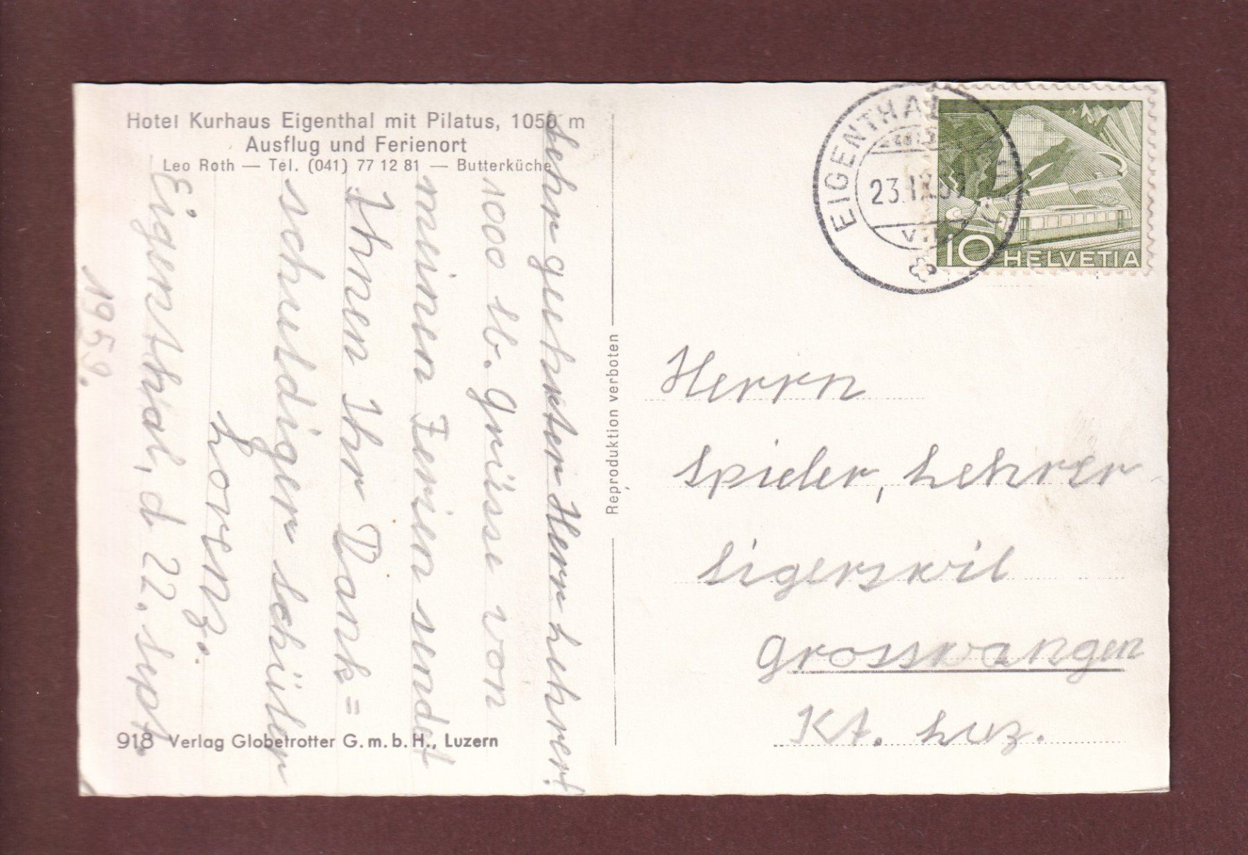 Cartoline postali: Hotel EIGENTHAL mit Pilatus - 1959 // Falte // – Usato da Pully venduto da nicecards 1