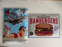Pin-up Airplane & Hamburger 50 Cents Blechschilder Set