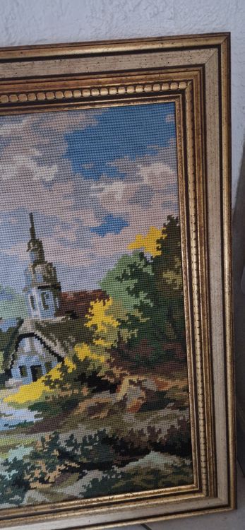 Ancienne Broderie Au Point De Croix Sous Cadre - Occasion, Décoration Vintage Française
