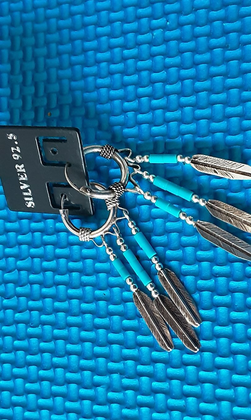 Orecchini pendenti & Orecchini a lobo: Silver 925 hoop earrings with turquoise feathers. – Nuovo (secondo la descrizione) da Wetzikon ZH venduto da Balloonartist