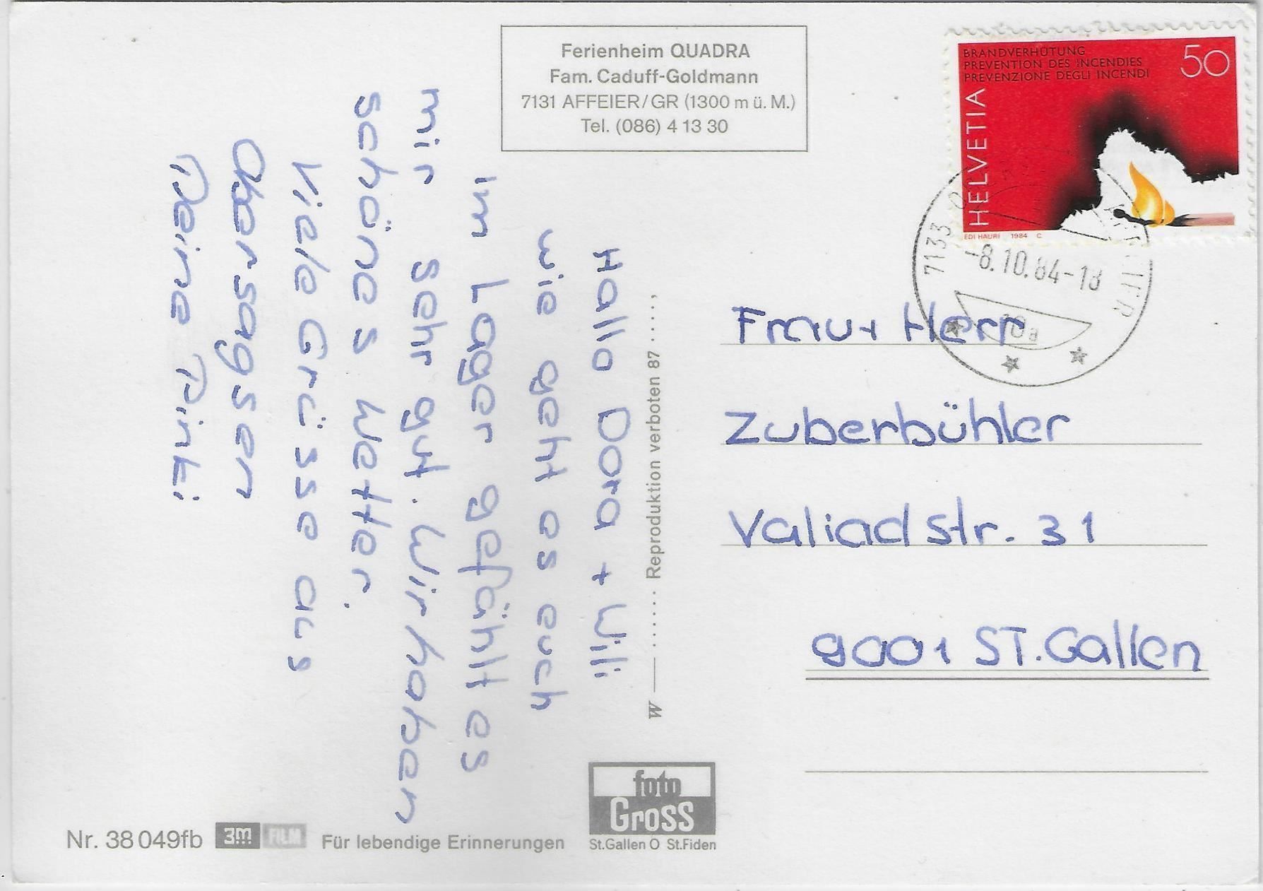 Ansichtskarten: Ferienheim Quadra - Affeier GR – Gebraucht aus Ettingen von Kartenplanet 1