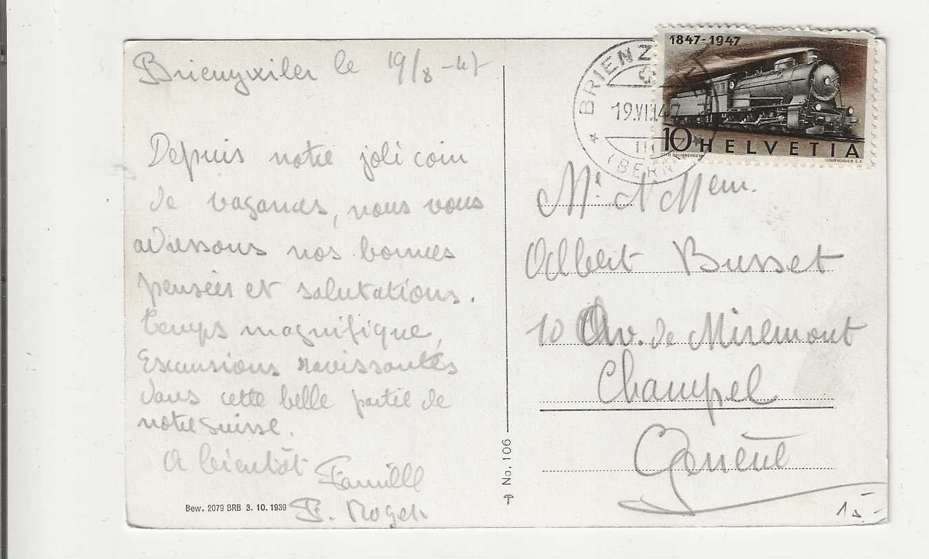 Cartoline postali: Brienzwiler, 1947 – Usato da Spiez venduto da Niesen20 1