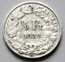 Schweiz: 50 Rappen-Münze 1929, Silber, gebrauchter Zustand