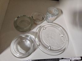 5er Set Glas-Deko: Kerzenständer, Untersetzer