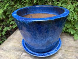 Blumentopf blau glasiert Ø  38 cm/Untersetzer, gebraucht