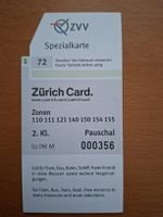 Zürich Card Spezialkarte 72 Stunden ZVV Zones 110-155 