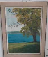 Quadro ad olio vintage, albero e lago, anni '70, perfetto!
