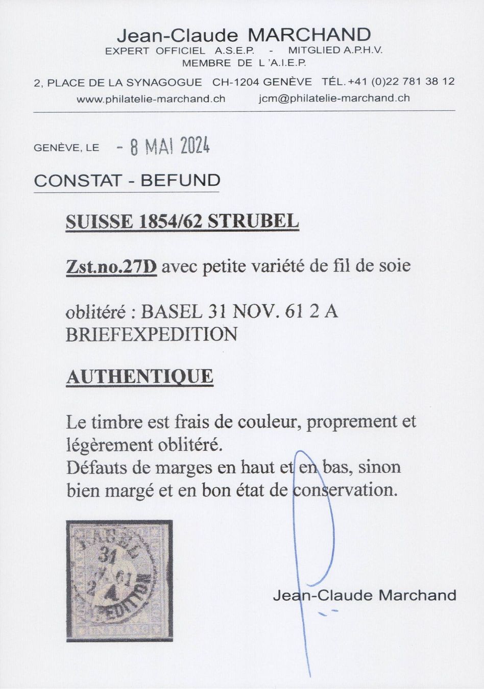 Tutti i francobolli: STRUBEL 27D MIT ATTEST, AB 1.- – Usato da Horw venduto da pilatusmail 2