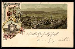 Litho Gais, Neues Schulhaus, Ortsansicht