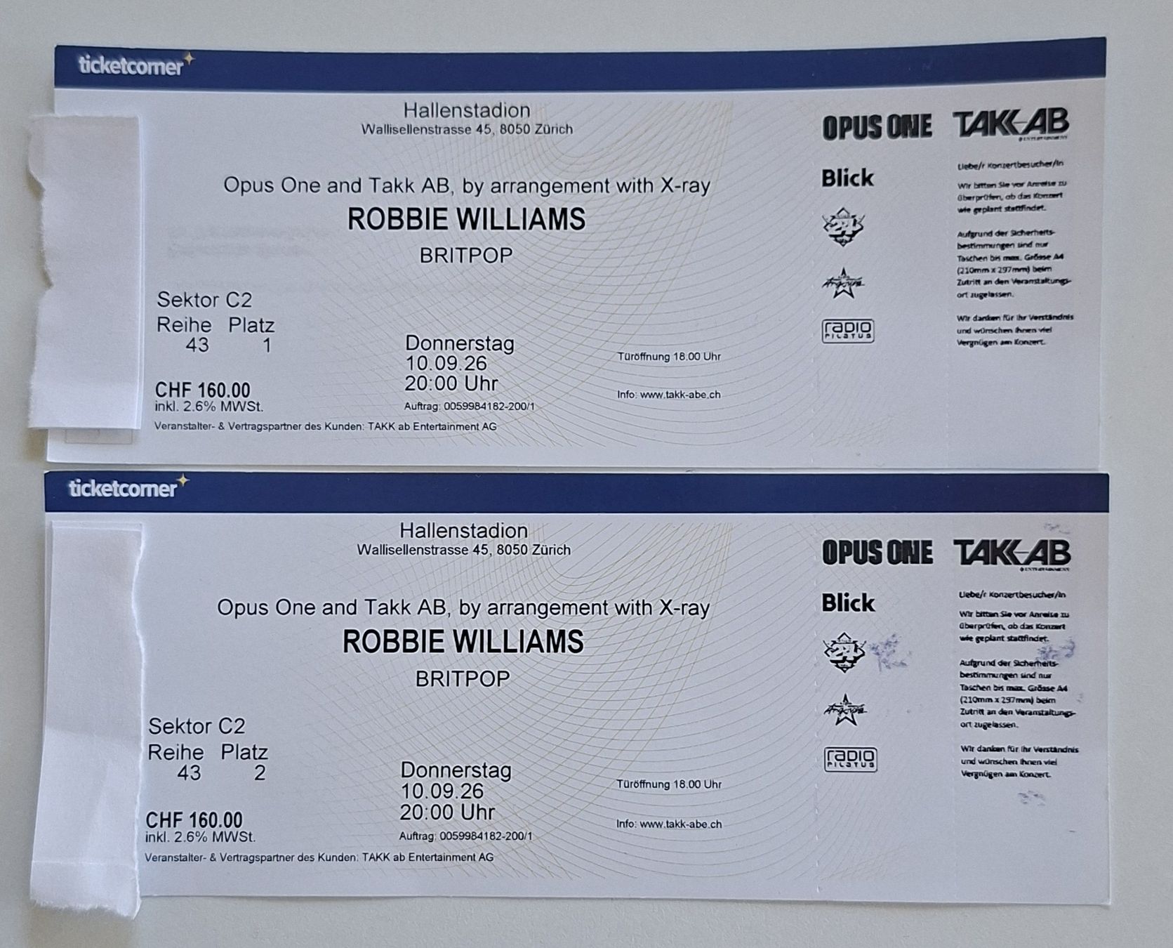 Tickets: Robbie Williams Ticket – Neu (gemäss Beschreibung) aus Fällanden von roefe.68