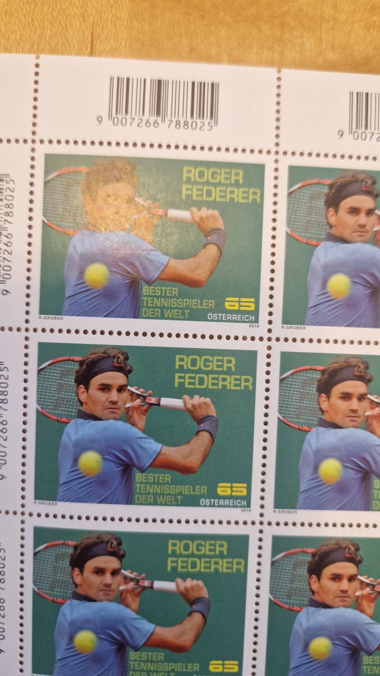 Tutti i francobolli: Roger Federer Briefmarken Bogen, Österreich 50 St. – Usato da Salmsach venduto da aacs65 1