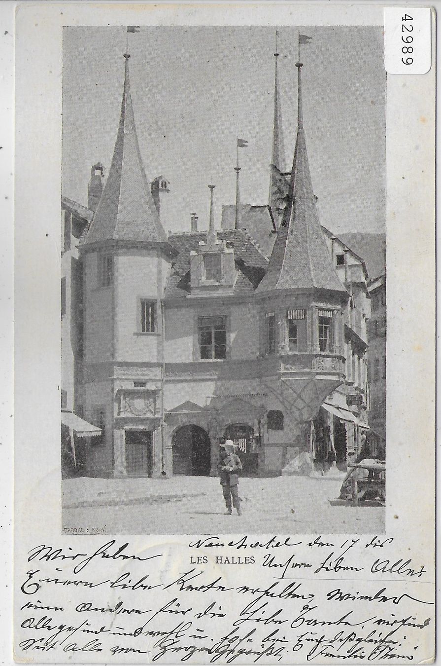 Cartoline postali: Neuchatel - Les Halles - animee - UPU 1900 – Usato da Ettingen venduto da Kartenplanet