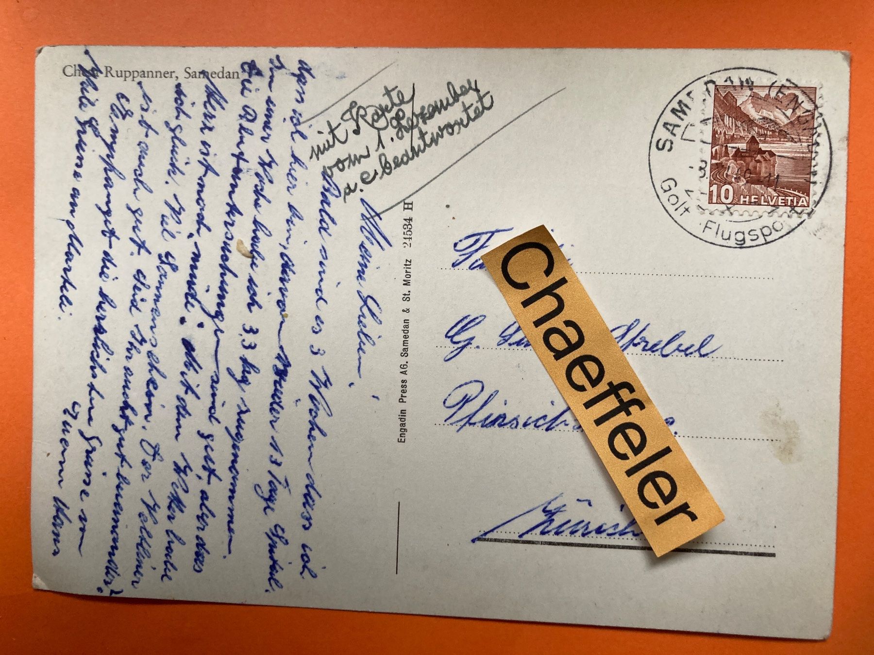 Cartoline postali: 1949 Chesa Ruppanner, Samaden – Usato da Zürich venduto da Chaeffeler 1