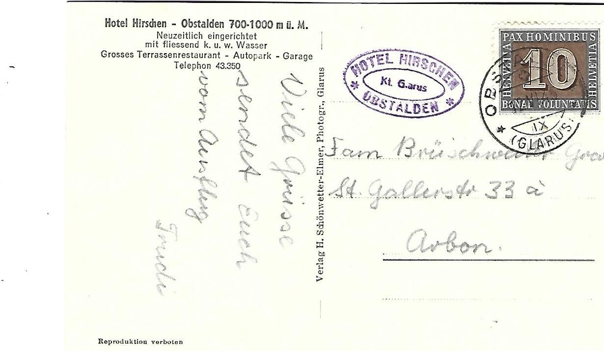 Cartoline postali: Hotel Hirschen Obstalden GL – Usato da Wetzikon ZH venduto da Brulu100 1