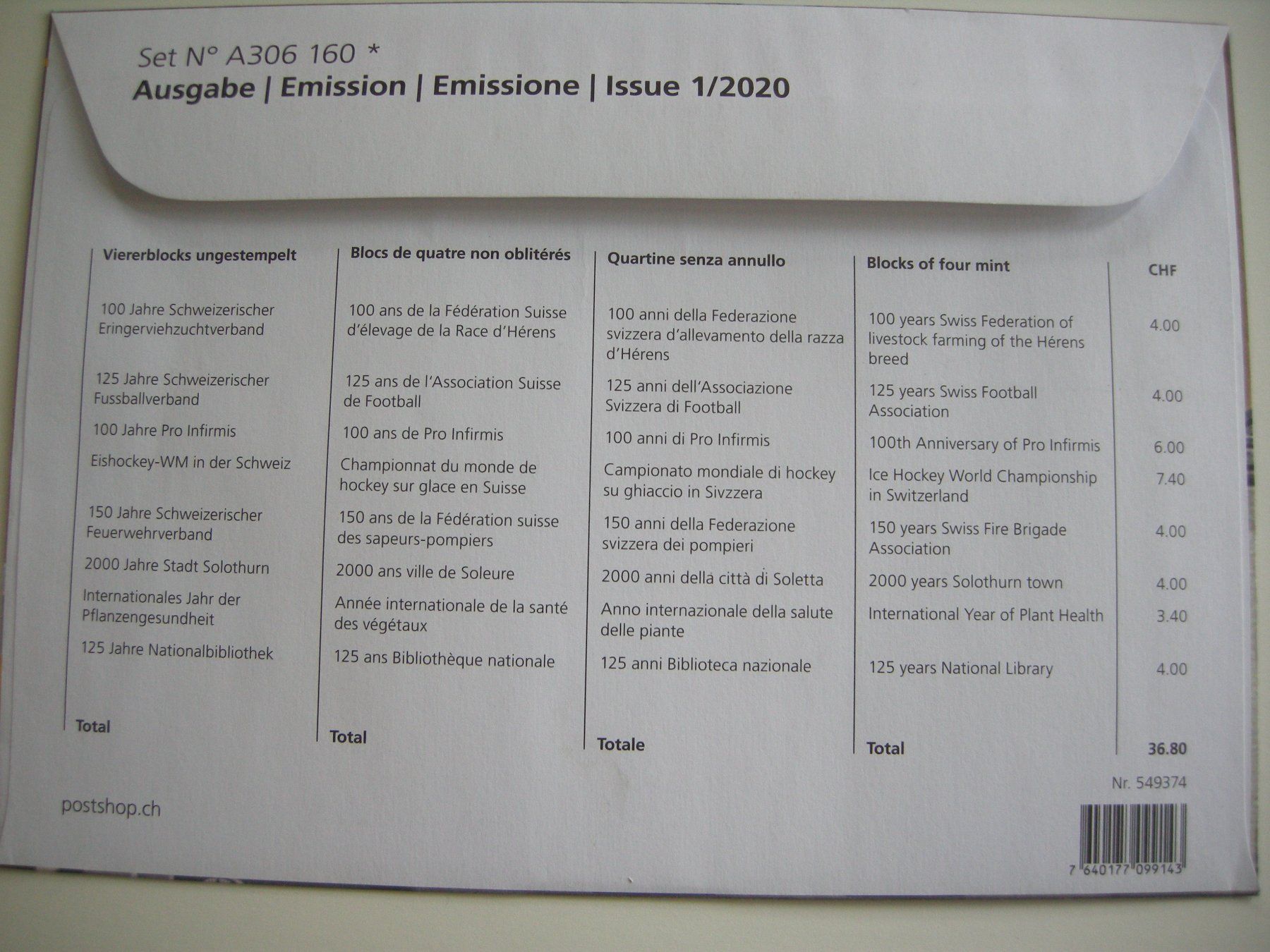 Tutti i francobolli: 2020 EMISSION 1, 4er BLOCKS POSTFRISCH, FRANKATUR, postpreis – Usato da Rüti ZH venduto da jupi1945 2