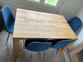 Esstisch Massivholz mit 4 Stühlen Blaue Sitzfläsche