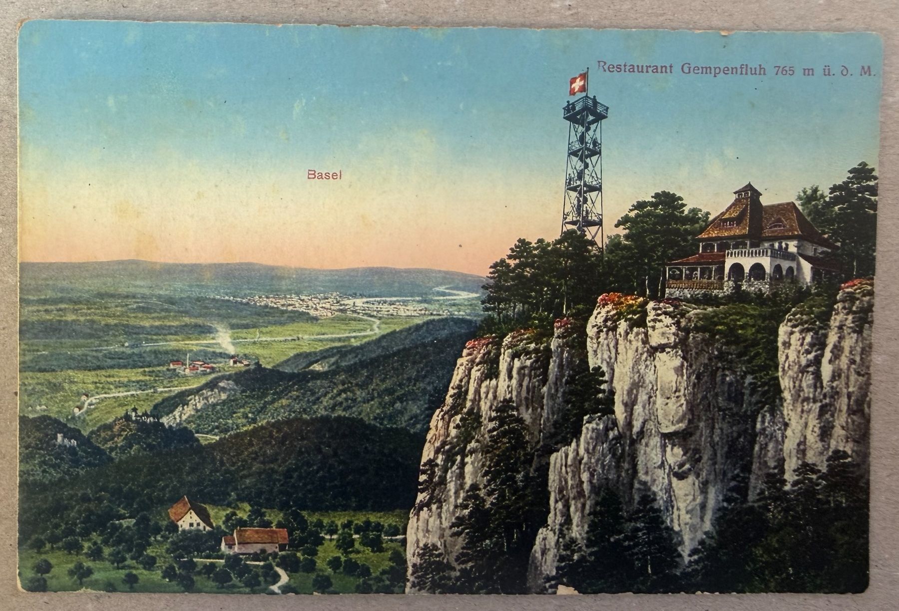 Cartoline postali: GEMPEN - Gempenfluh - Aussicht auf BASEL - Ansichtskarte – Usato da Tegerfelden venduto da siebenmacky