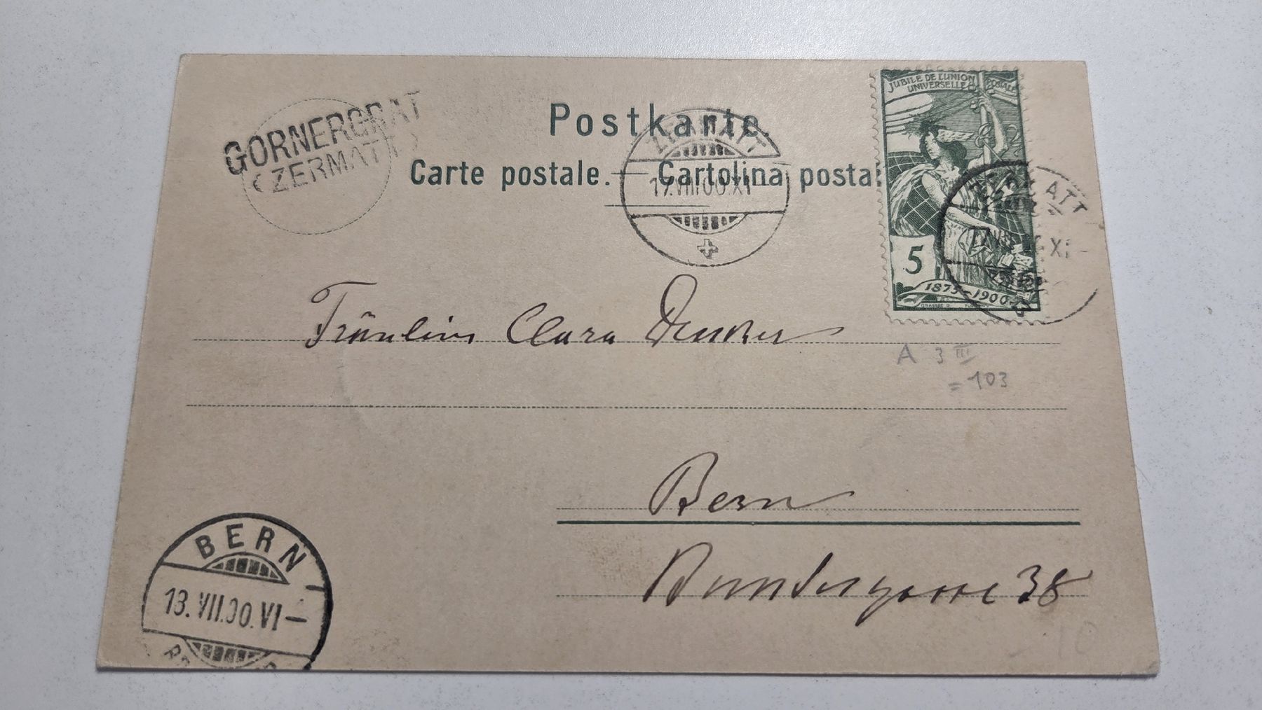 Ansichtskarten: 1900 Ansichtskarte mit Stabstempel Gornergrat UPU 5 Rp – Gebraucht aus Arni AG von Moth68