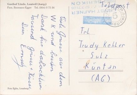 Cartoline postali: Leutwil (Aarg.) Gasthof " LINDE " Fam. Baumann-Egger. – Usato da Schlieren venduto da Rapaelli 1