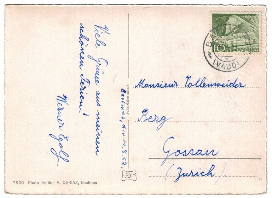 Cartoline postali: Baulmes, Eglise et la Cure, circulée 1952 – Usato da Frauenfeld venduto da POML 1