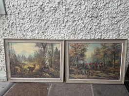 2er Set antike Jagdbilder / Naturbilder im Prachtrahmen 