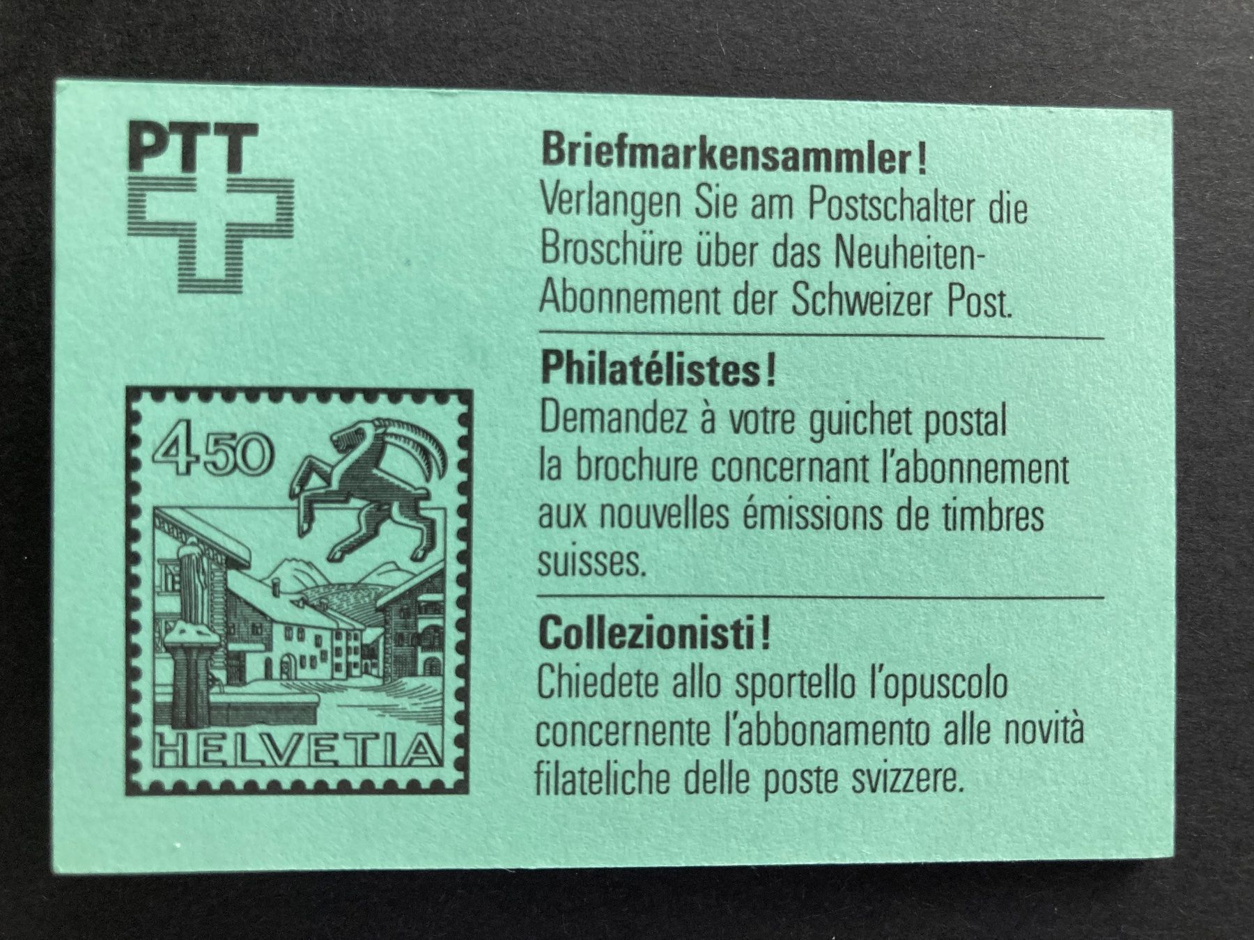 Tutti i francobolli: PTT Markenheft 1985 grün postfrisch – Nuovo e nell'imballaggio originale da Niederurnen venduto da Alpineyeti 1