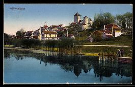 AK Morat, Ortsansicht mit Stadtmauer und Türmen am See