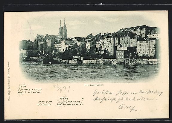 Ansichtskarten: AK Basel, Rheinansicht mit Kirche, 1897 – Gebraucht aus Berlin von bartko-reher
