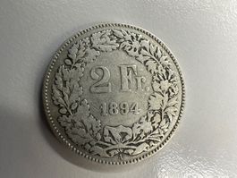 2 Fr. Silber Schweiz 1894 ss