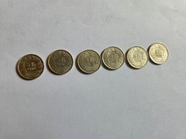 1/2 Franken Münze Schweiz 6Stk. 1952/60/62/63/64/65 zt.unz